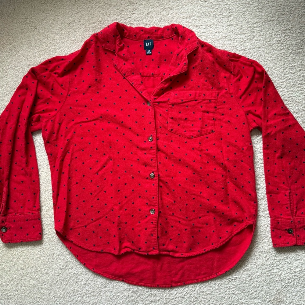 GAP Women's Red Button-Down Shirt with Navy Hearts